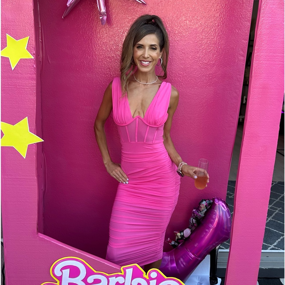 Hot Pink Mesh Corset Midi Dress